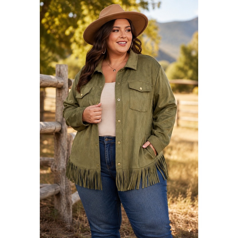 Canyon Retreat Olive Green Faux Suede Fringe Western Shacket Jacket 2X A613737